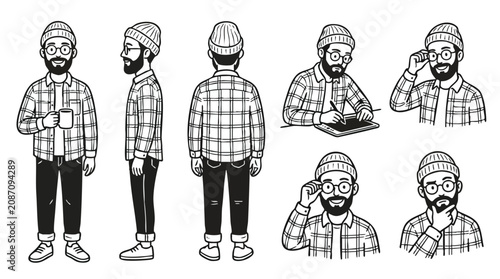 Hipster Bearded Male Character Sheet in Line Art Style