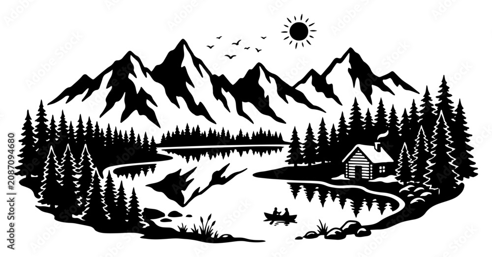 Obraz premium Modern city skyline silhouette with skyscrapers and a suspension bridge in black and white vector style