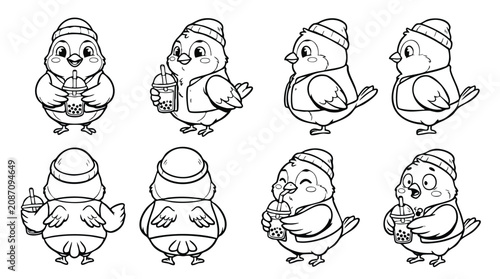 Bird character sheet drinking bubble tea line art illustration