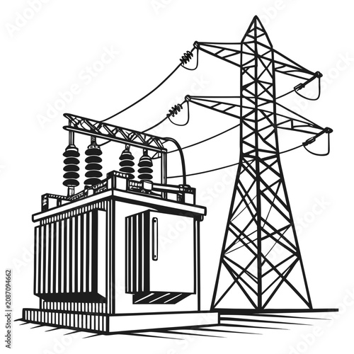 Black and white line of an electrical power transformer with a tall metal transmission tower and voltage power cables