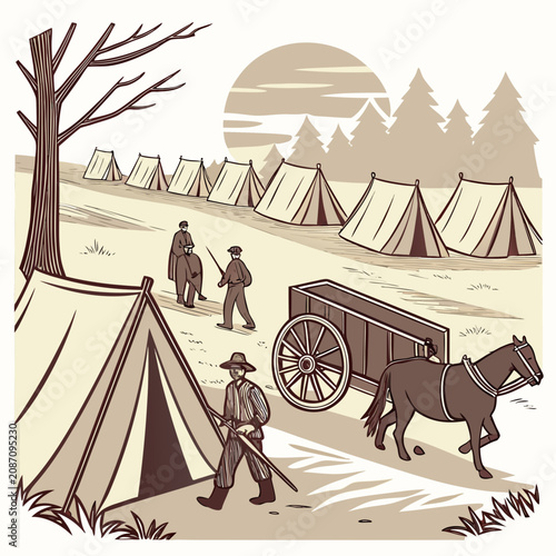 Photos Historical military encampment with canvas tents, wooden supply wagon, horse, an