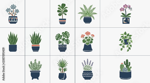 Quadro su tela Minimalist Illustrations of Indoor Plants in Dark Blue Pots with Varied Botanica