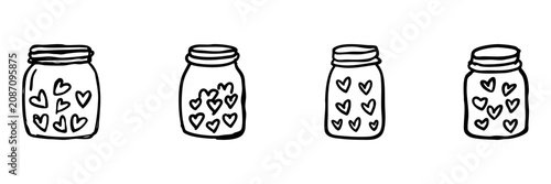 Heart Filled Jars In Hand Drawn Style Set. Love And Romance Doodle Sketch Collection. Valentine'S Day And Wedding Decor. Isolated Vector Illustration
