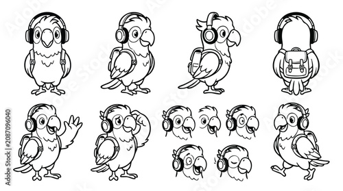 Cartoon Parrot Character with Headphones and Backpack Line Art Poses