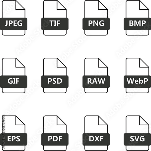 A grid of twelve file format icons, including JPEG, TIFF, PNG, BMP, GIF, PS, DRAW, Web, PEPS, PDF, DXF, SVG, Grainy
