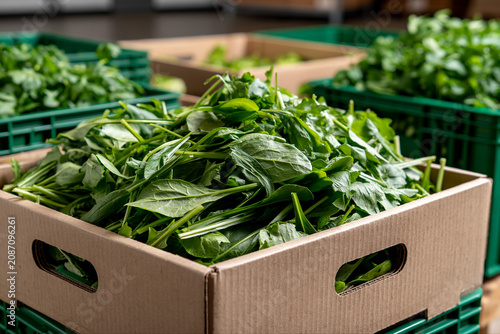 Fresh greens are packed in boxes for delivery