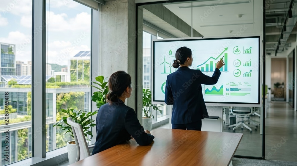 Fototapeta premium Two professional women in modern glass office room, presenting sustainable energy growth charts on large digital display screen