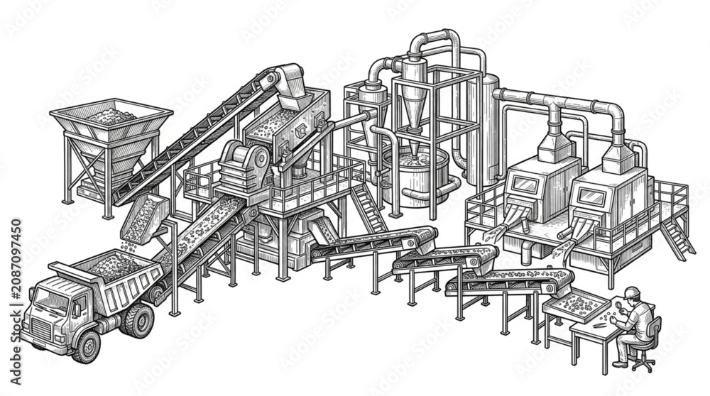 Fototapeta premium Industrial mining processing plant with conveyor belts and machinery.