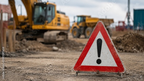 A triangular exclamation mark warning sign stands on a dusty construction site with heavy yellow machinery in the background