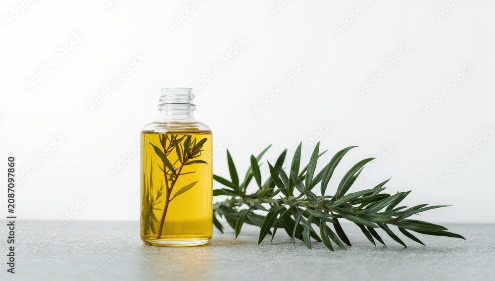 Fototapeta premium Close-up photo on a white backdrop of a glass bottle with yellow tea tree oil and small branches, beside a tea tree bush on a gray surface.