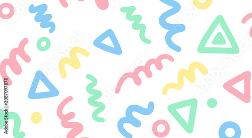 Colorful pastel abstract pattern with playful geometric shapes on white background