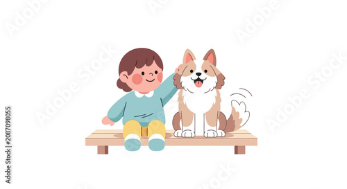 A child happily pets a dog sitting on a bench.
