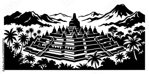Принти на полотні Borobudur temple ruins with tiered stupas and mountain backdrop in black and whi