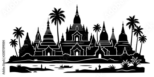Bild auf Leinwand Pagoda temples with palm trees and river in Southeast Asian stencil style