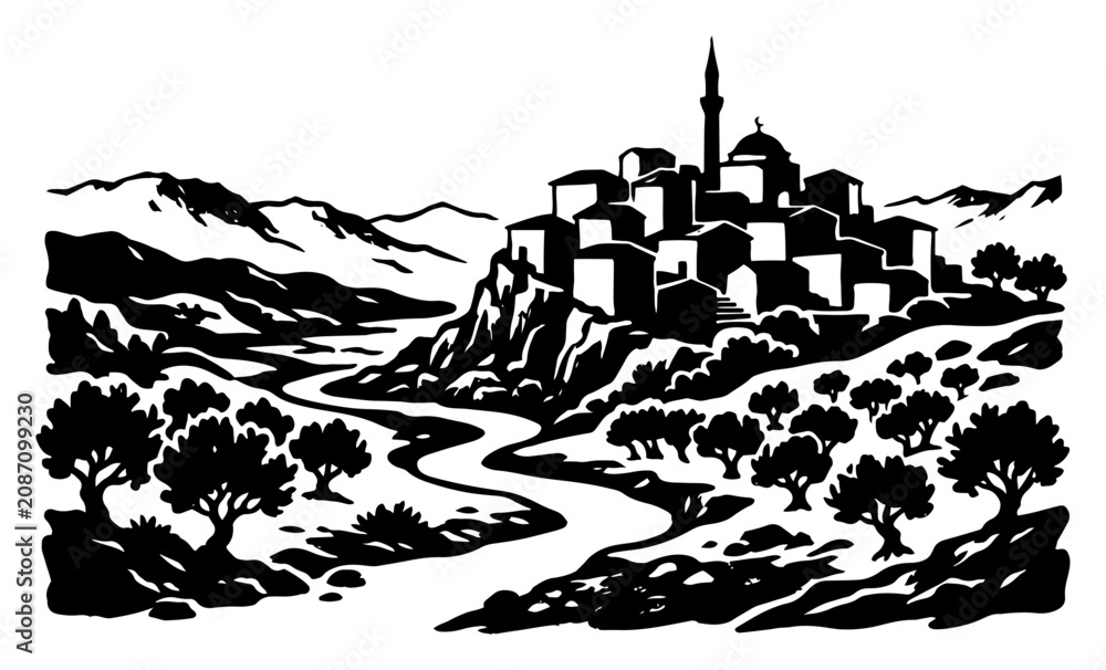 Obraz premium Hilltop village with olive trees and winding road in mountain landscape stencil style