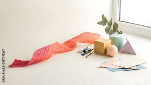 Artistic Flat Lay Composition with Paint Tubes, Brushes, and Geometric Shapes