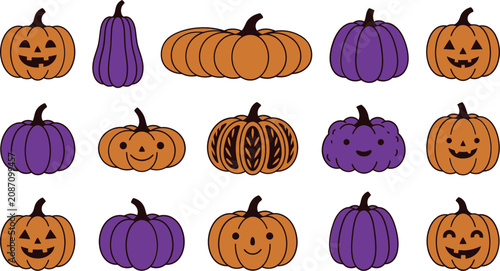 Tableau sur toile Assorted halloween pumpkins and gourds vector illustration set for autumn decora