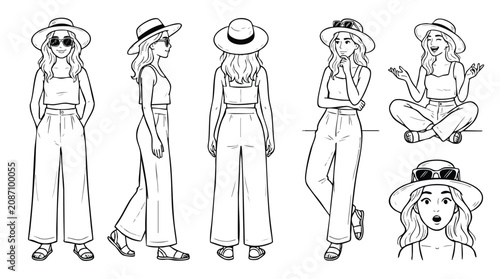 Consistent Female Character Line Art Set in Various Summer Poses