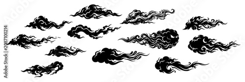 Fotografía Stylized black clouds and smoke wisps collection in silhouette style