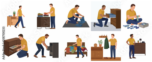 Set of flat vector illustrations of a man organizing his wardrobe, folding laundry, and tidying up his home interior