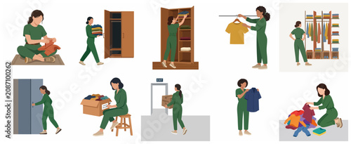 Flat vector illustration set of women organizing wardrobe, folding laundry, and sorting clothes for charity donation