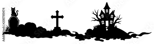 Canvastavla Black cat and haunted house in spooky graveyard silhouette style