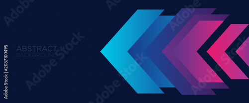Abstract Futuristic Technology Background with Layered Gradient Arrow Shapes on Dark Blue Grid, Modern Digital Innovation, Data Flow, Corporate Presentation Banner Design