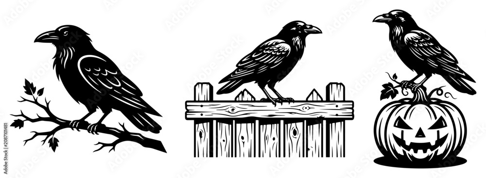 Fototapeta premium Ravens perched on branch fence and pumpkin in spooky linocut style
