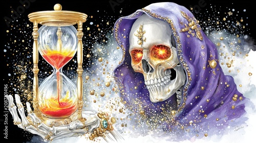 Skull with hourglass and purple cloak shows time passing in dark setting