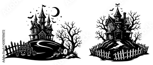 Cuadro en lienzo Haunted mansions on a hill with cemetery and crescent moon in spooky black and w