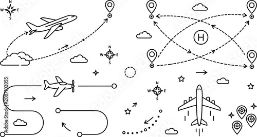 Photos Aviation and Travel Vector Set featuring Airplanes Flight Routes Map Pins Compas