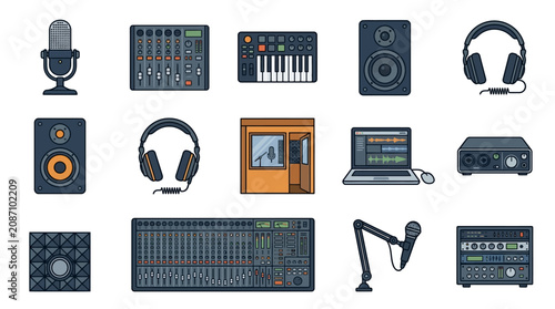 Tableau sur toile Professional Audio Recording Studio Equipment Set with Microphones Mixers Headph
