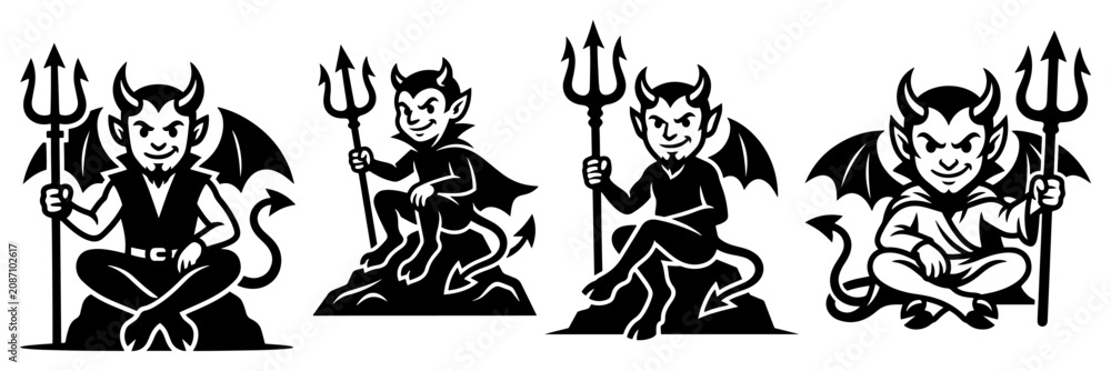 Fototapeta premium Little devil characters holding pitchforks in various poses in black and white silhouette style