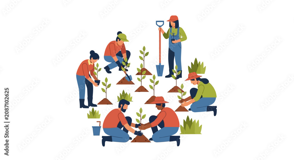 Fototapeta premium Diverse Community Group Planting Trees and Saplings for Reforestation and Environmental Conservation Illustration