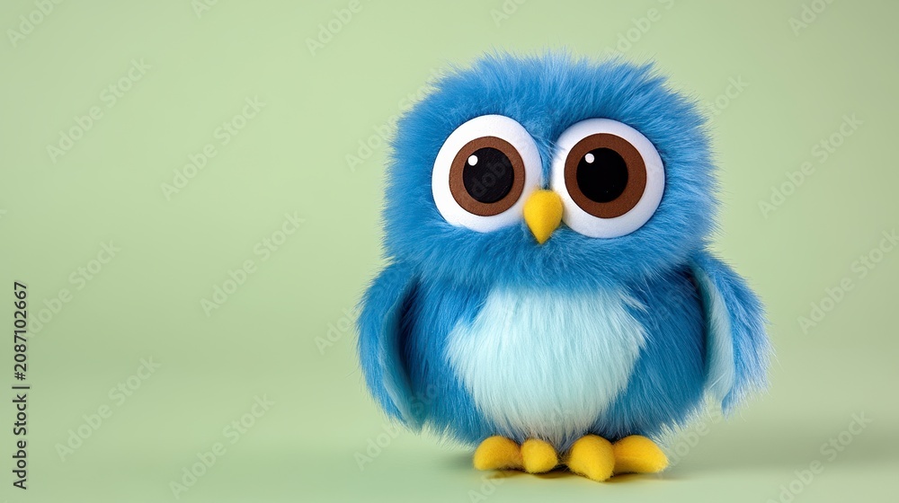 Fototapeta premium Cute Blue Fluffy Owl Plush Toy on Light Green Background