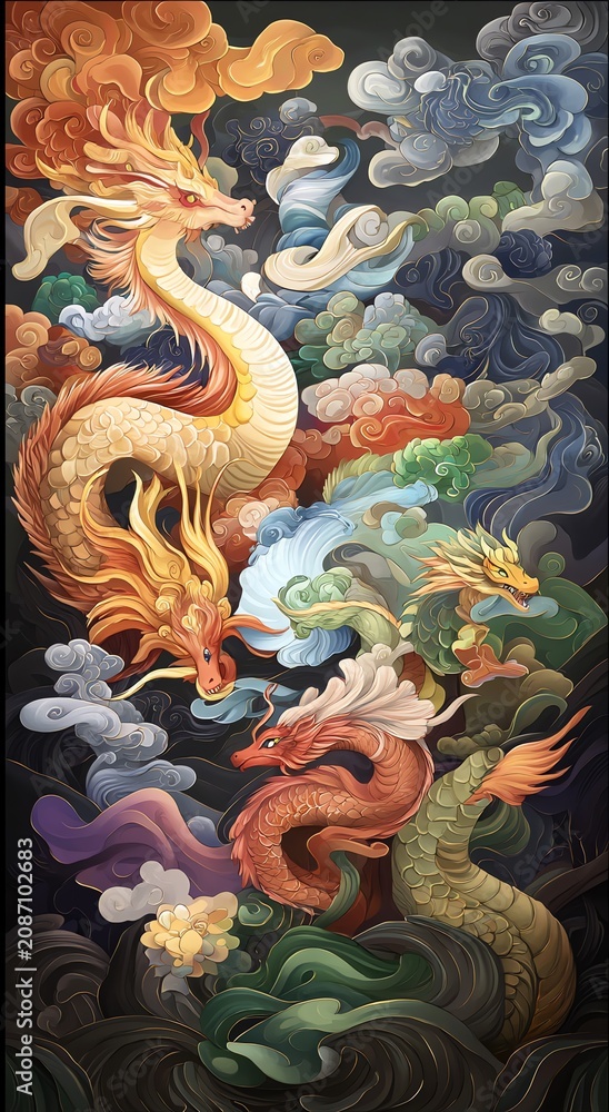 Obraz premium Colorful fantasy dragons swirling among clouds in vibrant illustrated composition