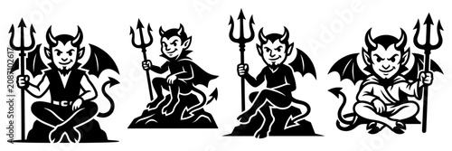 Konstfotografi Little devil characters holding pitchforks in various poses in black and white s