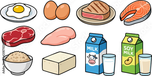 Foto High Protein Food Sources Collection with Eggs Meat Fish Chicken Tofu Milk and S