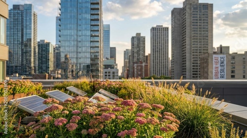 Innovative green roofs enhancing urban heat resilience in a contemporary city skyline