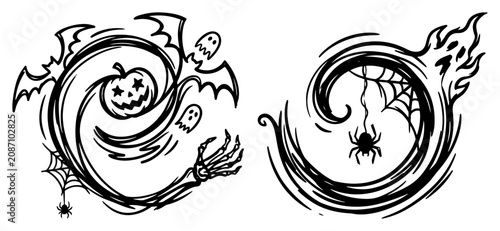 Foto Halloween vignettes featuring pumpkin spider and skeletal hand in swirling stenc