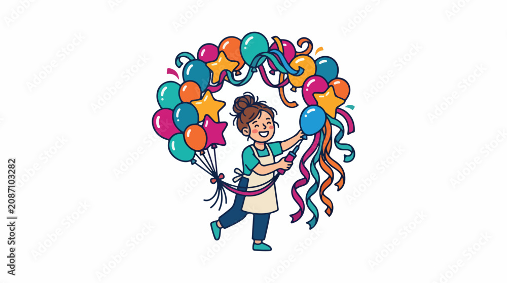 Fototapeta premium Illustration of a smiling young girl arranging a colorful balloon arch for a party.