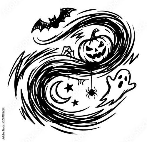 Photos Halloween whirlwind with pumpkin ghost bat and spider in stylized black and whit
