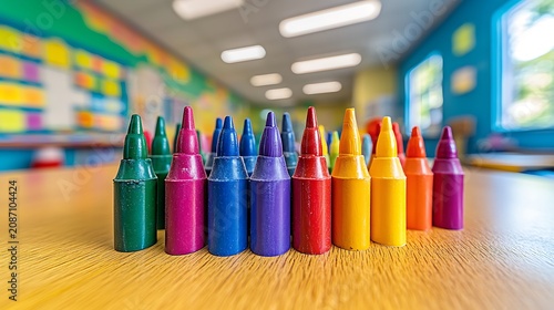 Colorful Wax Crayons on Classroom Desk.