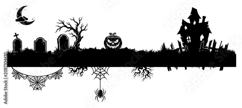 Halloween horizontal border with haunted house graveyard and spider web elements silhouette style