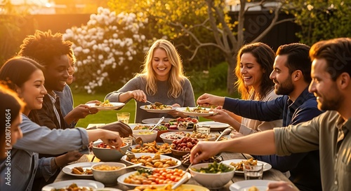 Friends share a large outdoor dinner party with various dishes served on a long wooden table during a warm evening.