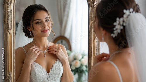 Beautiful Bride Adjusting Elegant Diamond Necklace While Looking in Mirror