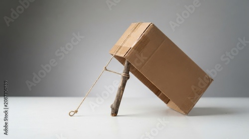 Homemade cardboard box trap propped up by a stick and string on a light gray surface, concept of trapping
