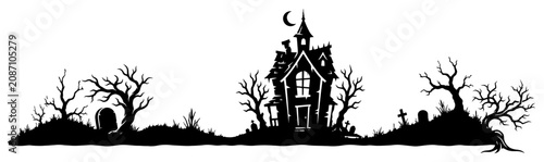 Bild auf Leinwand Haunted house panorama with spooky trees and gravestones in black and white silh