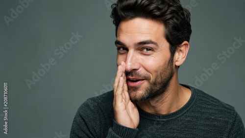 Man Whispering Secret with Hand Near Mouth on Gray Studio Background