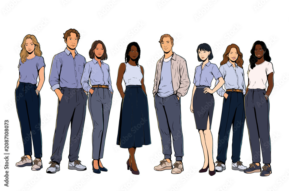 Obraz premium A confident group of diverse coworkers dressed in business casual attire — collared shirts, tailored trousers, and skirts — standing together. Cartoon vector illustration